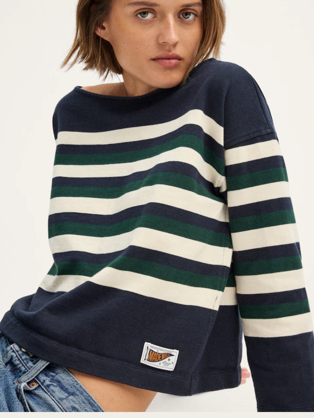 Evening Spruce Stripe Madewell Rugby Boatneck Long-Sleeve Tee in Club Cotton XS